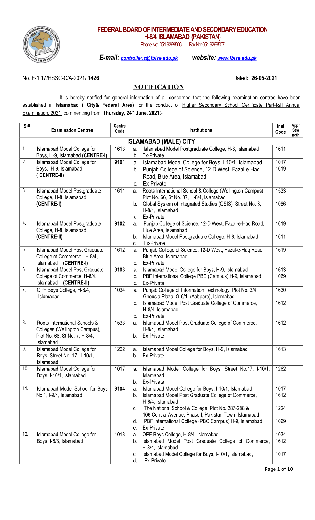 FEDERAL BOARD of INTERMEDIATE and SECONDARY EDUCATION H-8/4, ISLAMABAD (PAKISTAN) Phone No: 051-9269506, Fax No: 051-9269507