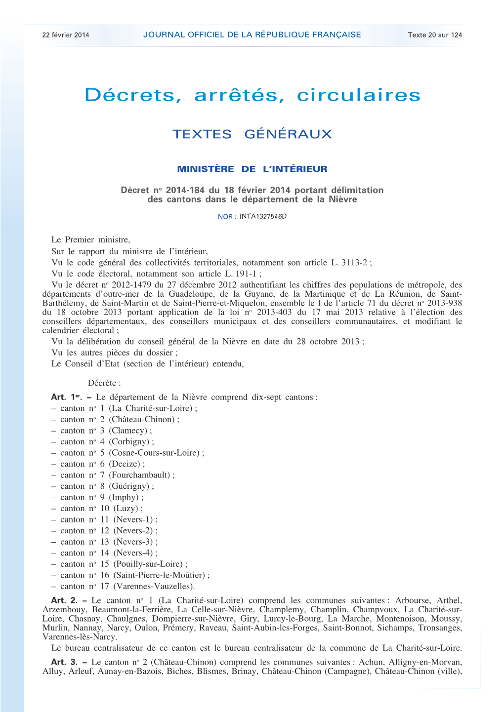 Décret N° 2014-184 Du 18 Février 2014