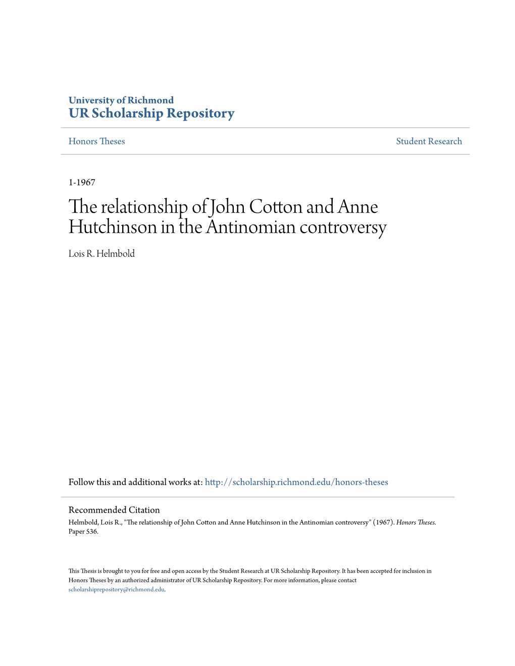 The Relationship of John Cotton and Anne Hutchinson in the Antinomian Controversy