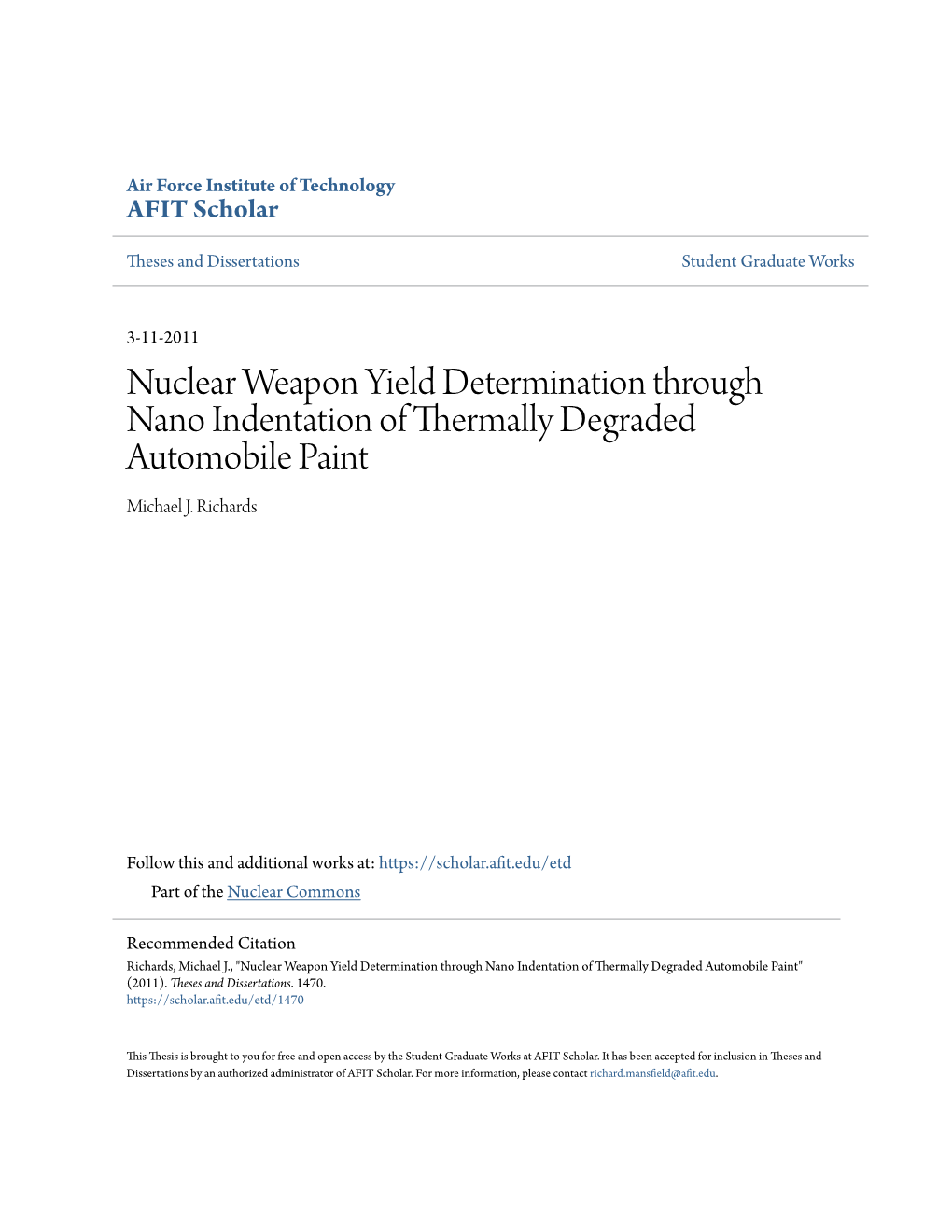 Nuclear Weapon Yield Determination Through Nano Indentation of Thermally Degraded Automobile Paint Michael J