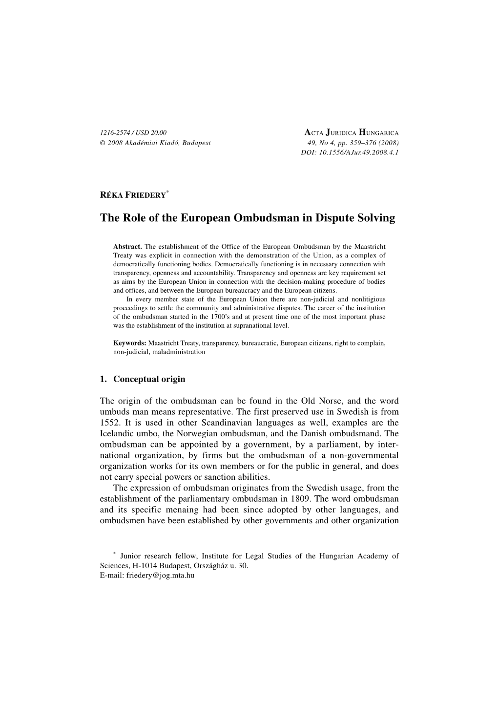 The Role of the European Ombudsman in Dispute Solving