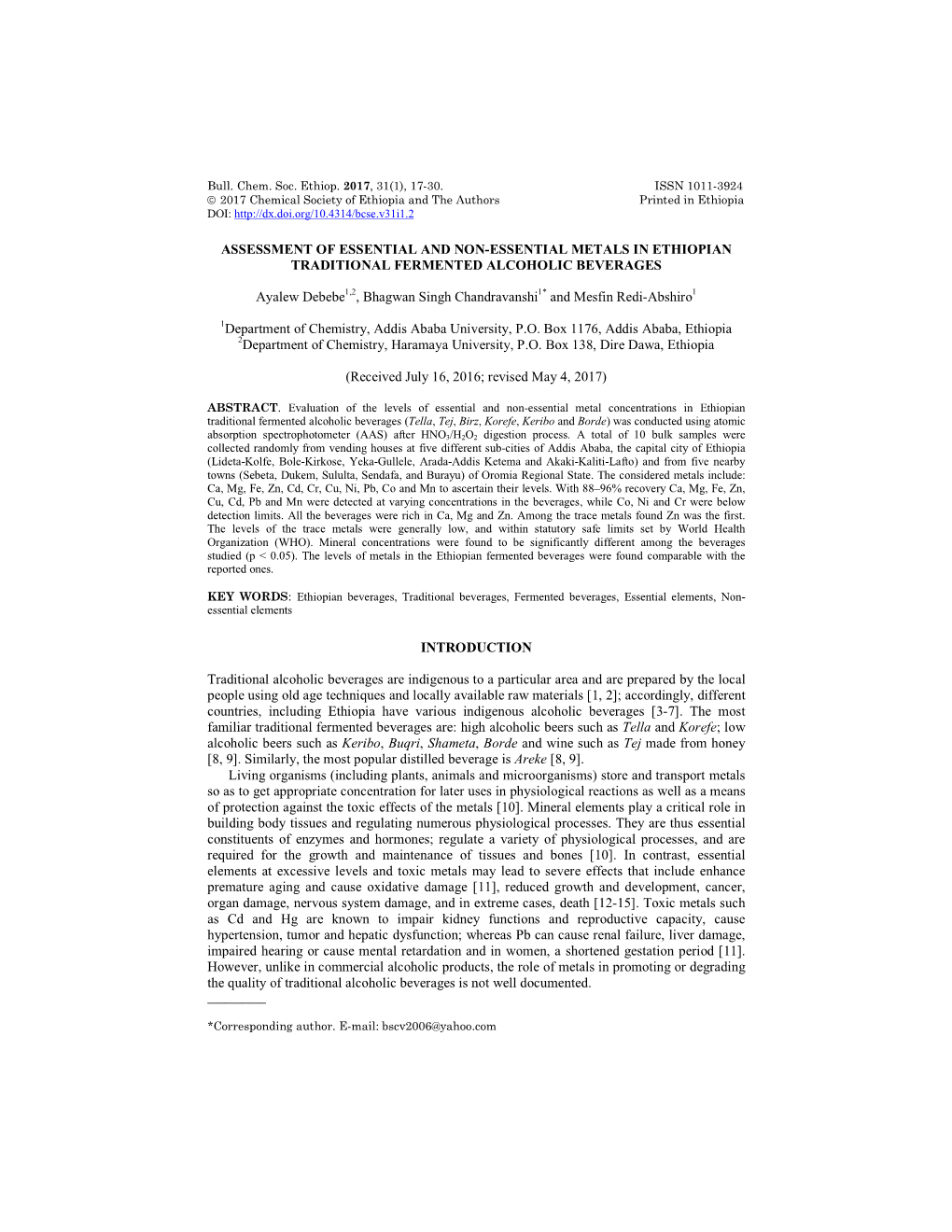 Assessment of Essential and Non-Essential Metals in Ethiopian Traditional Fermented Alcoholic Beverages