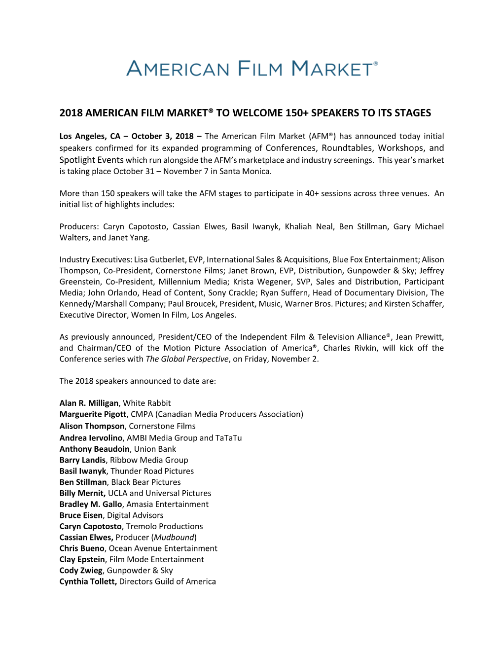 2018 American Film Market® to Welcome 150+ Speakers to Its Stages