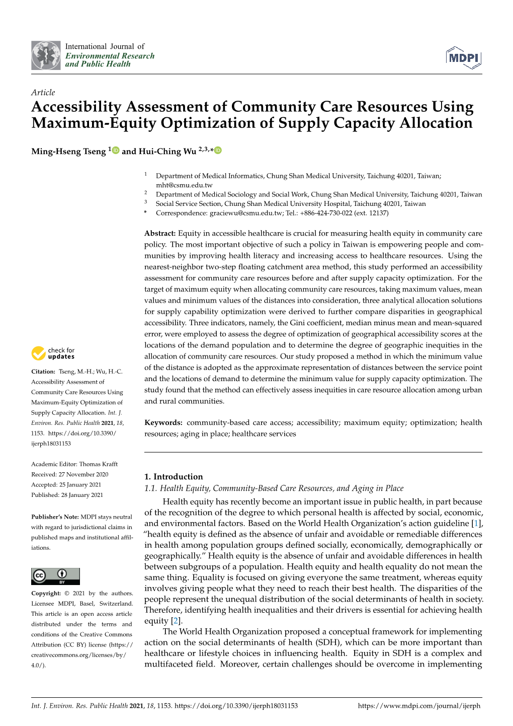 Accessibility Assessment of Community Care Resources Using Maximum-Equity Optimization of Supply Capacity Allocation