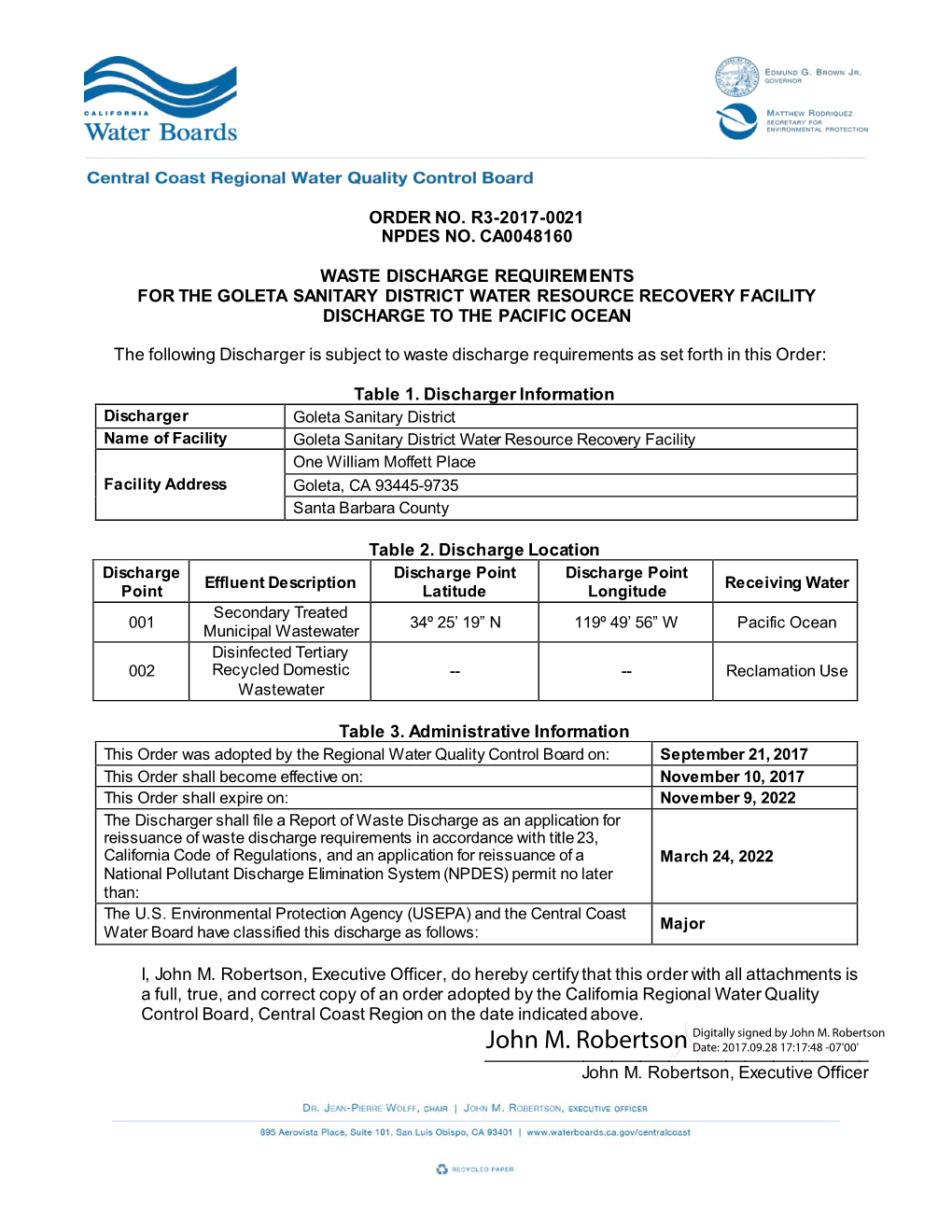 California Regional Water Quality Control Board, Central Coast Region on the Date Indicated Above