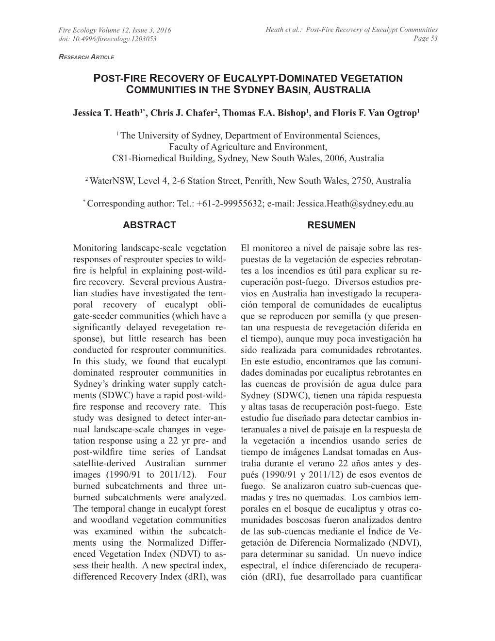 Post-Fire Recovery of Eucalypt-Dominated Vegetation Communities in the Sydney Basin, Australia