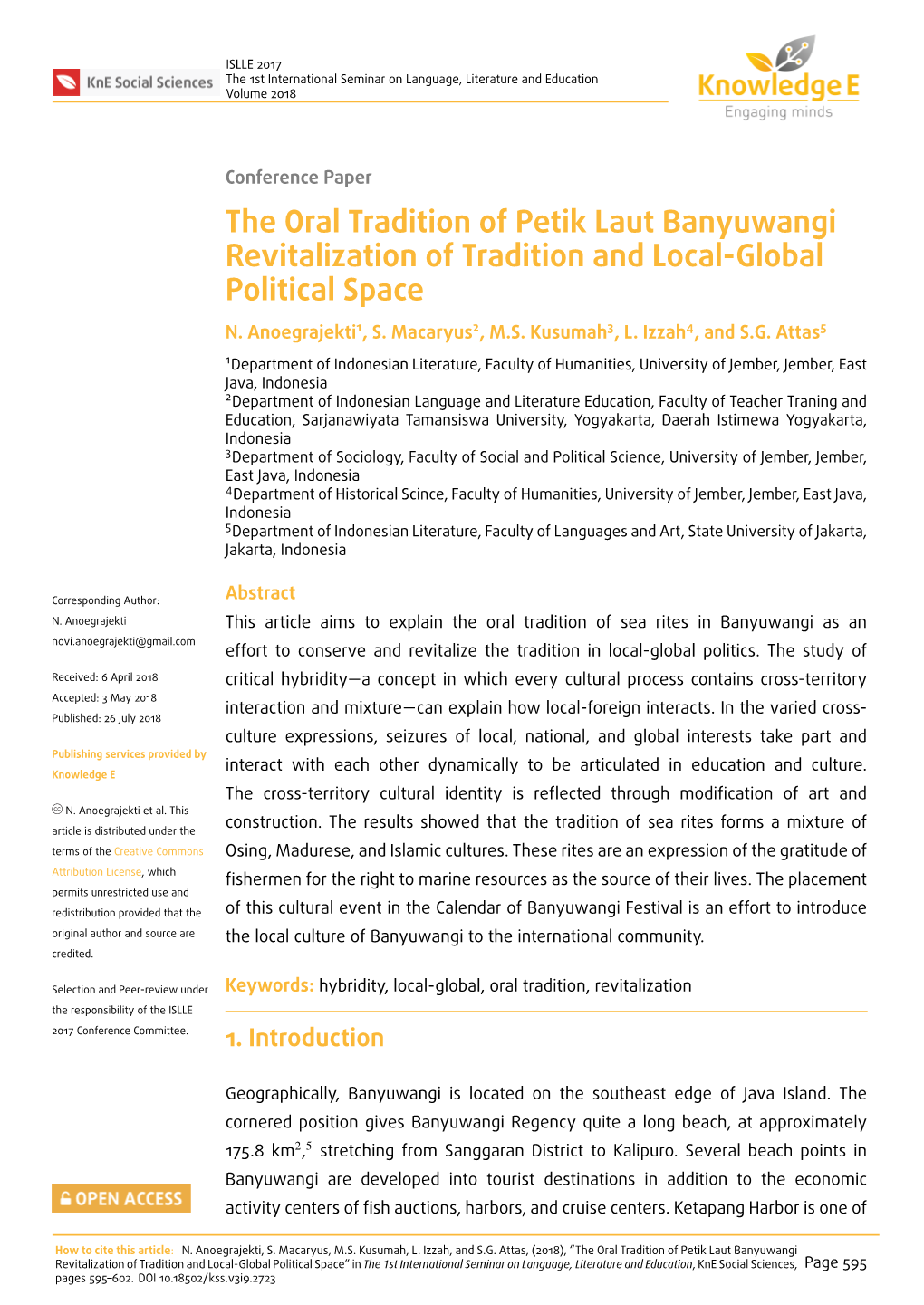 The Oral Tradition of Petik Laut Banyuwangi Revitalization of Tradition and Local-Global Political Space N