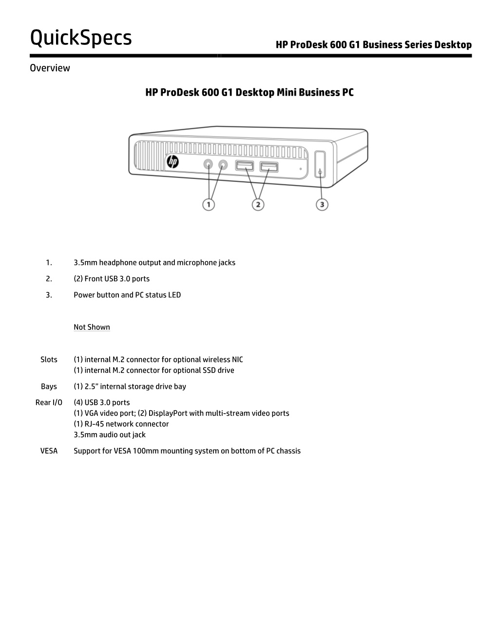 Quickspecs HP Prodesk 600 G1 Business Series Desktop