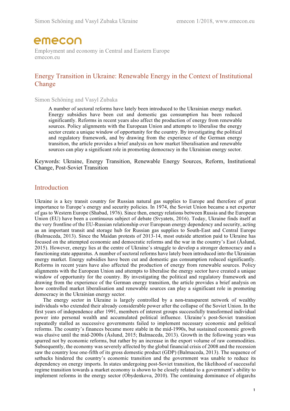 Renewable Energy in the Context of Institutional Change Introduction
