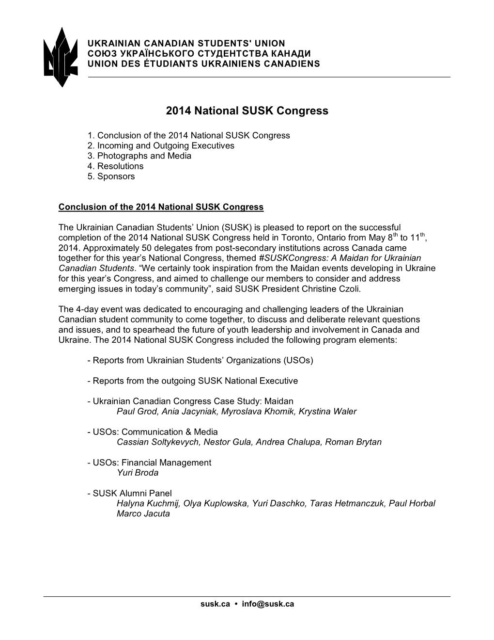2014 National SUSK Congress Release