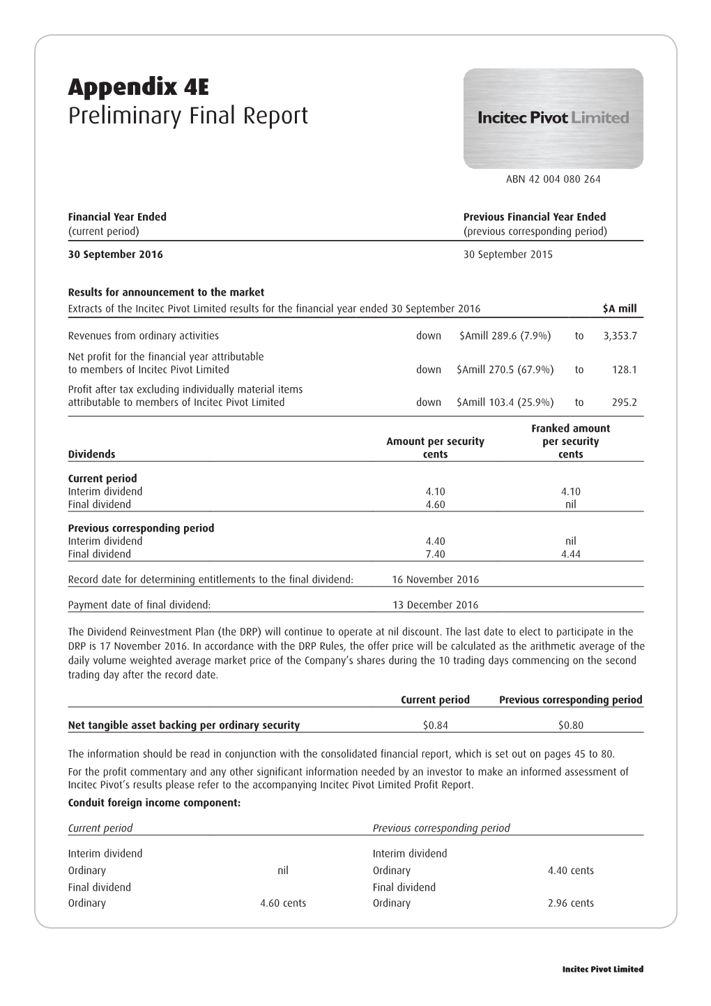 Appendix 4E Preliminary Final Report