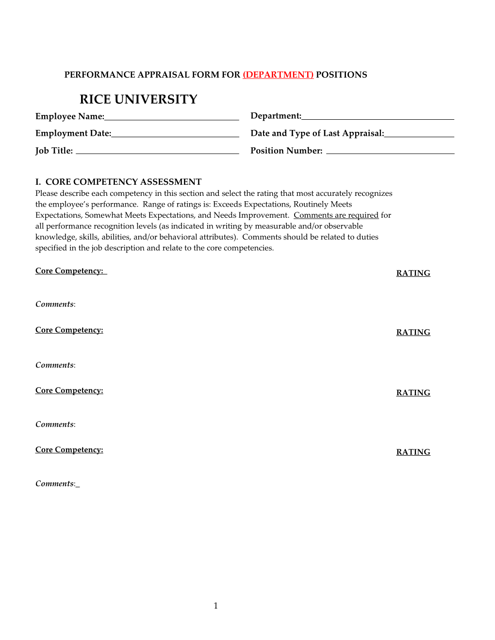 Performance Appraisal Form for (Department) Positions