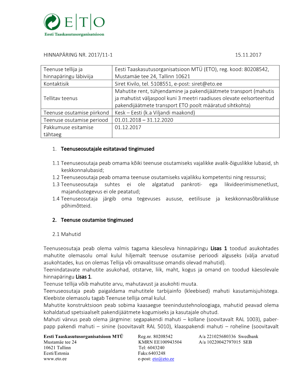 Eesti Taaskasutusorganisatsioon MTÜ (ETO), Reg