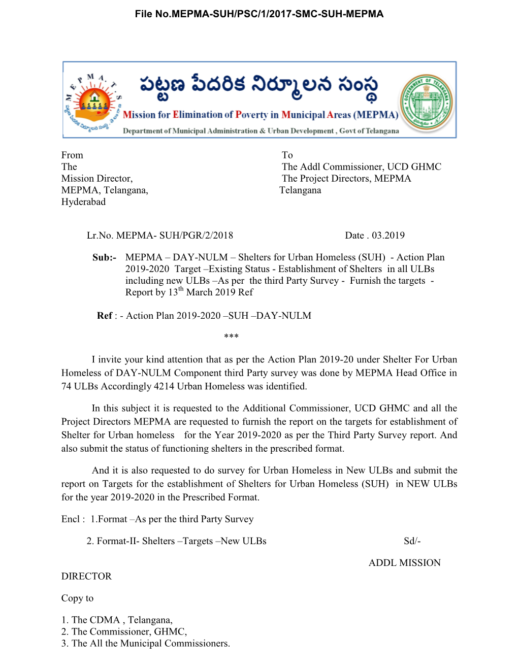 From the Mission Director, MEPMA, Telangana, Hyderabad to the Addl