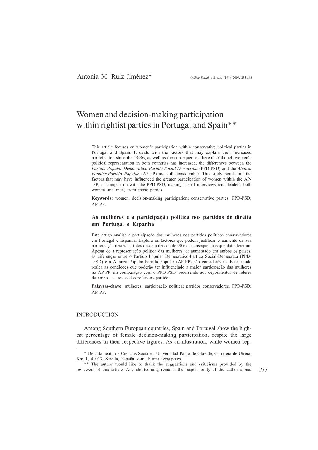 Women and Decision-Making Participation Within Rightist Parties in Portugal and Spain**