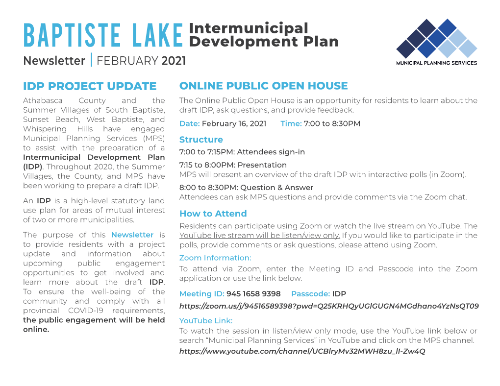 Baptiste Lake Development Plan Newsletter FEBRUARY 2021