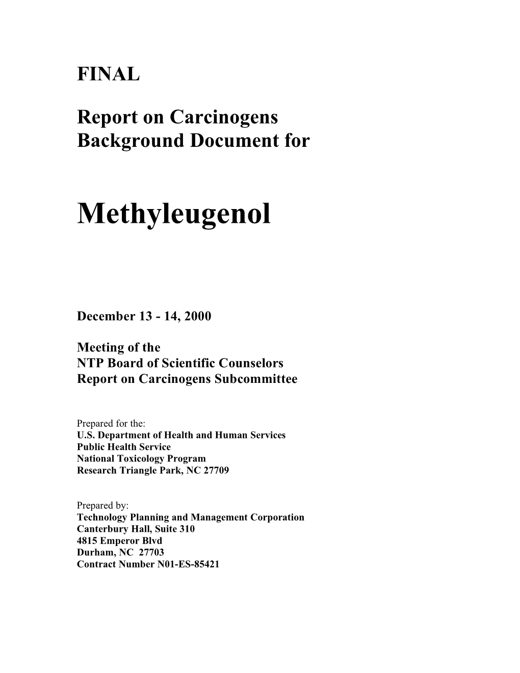 Roc Background Document: Methyleugenol; Dec. 13-14, 2000