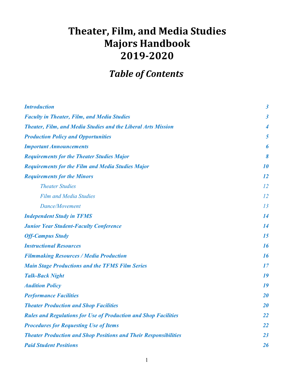 Theater, Film, and Media Studies Majors Handbook 2019-2020