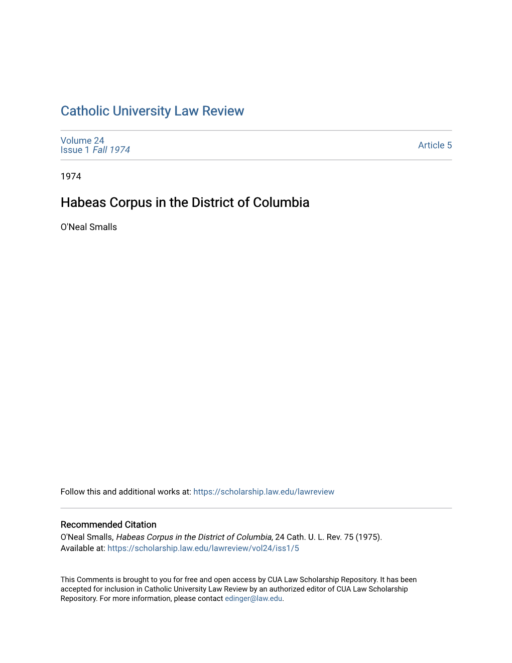 Habeas Corpus in the District of Columbia