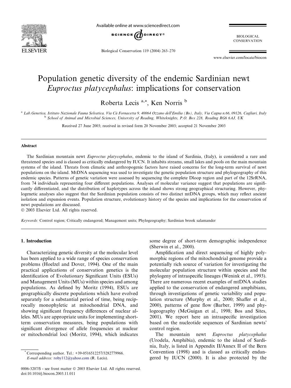 Population Genetic Diversity of the Endemic Sardinian Newt Euproctus Platycephalus: Implications for Conservation