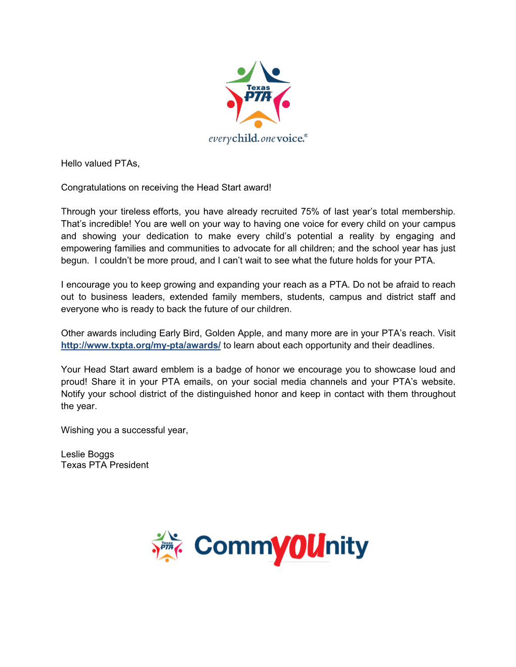 Head Start Award Letter