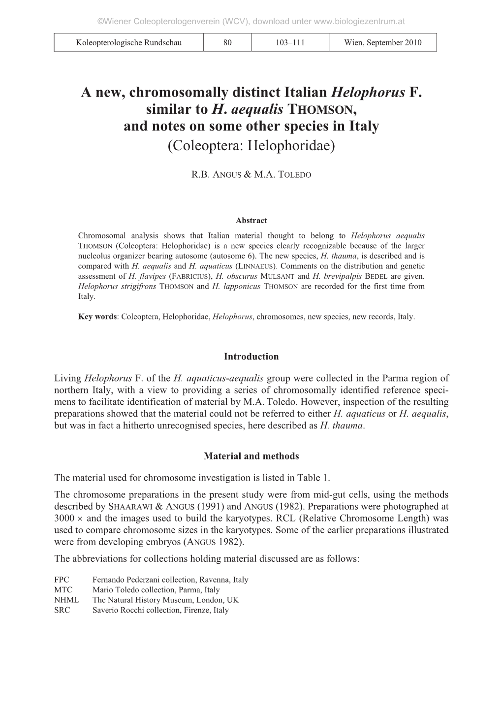 A New, Chromosomally Distinct Italian Helophorus F. Similar To