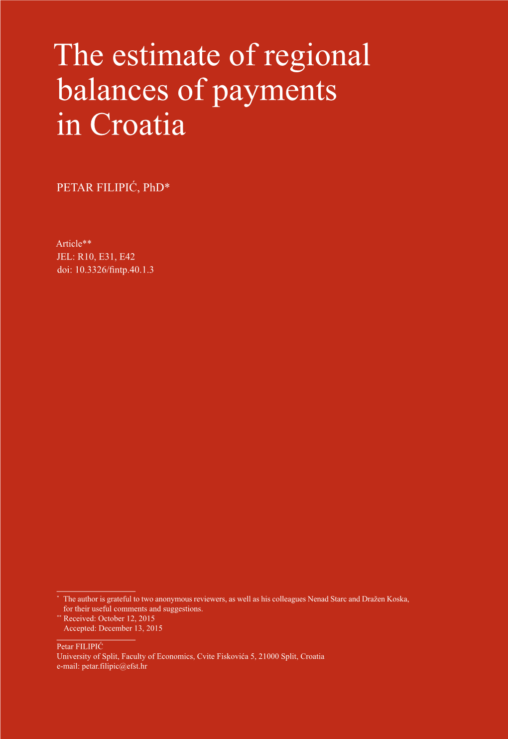 The Estimate of Regional Balances of Payments in Croatia