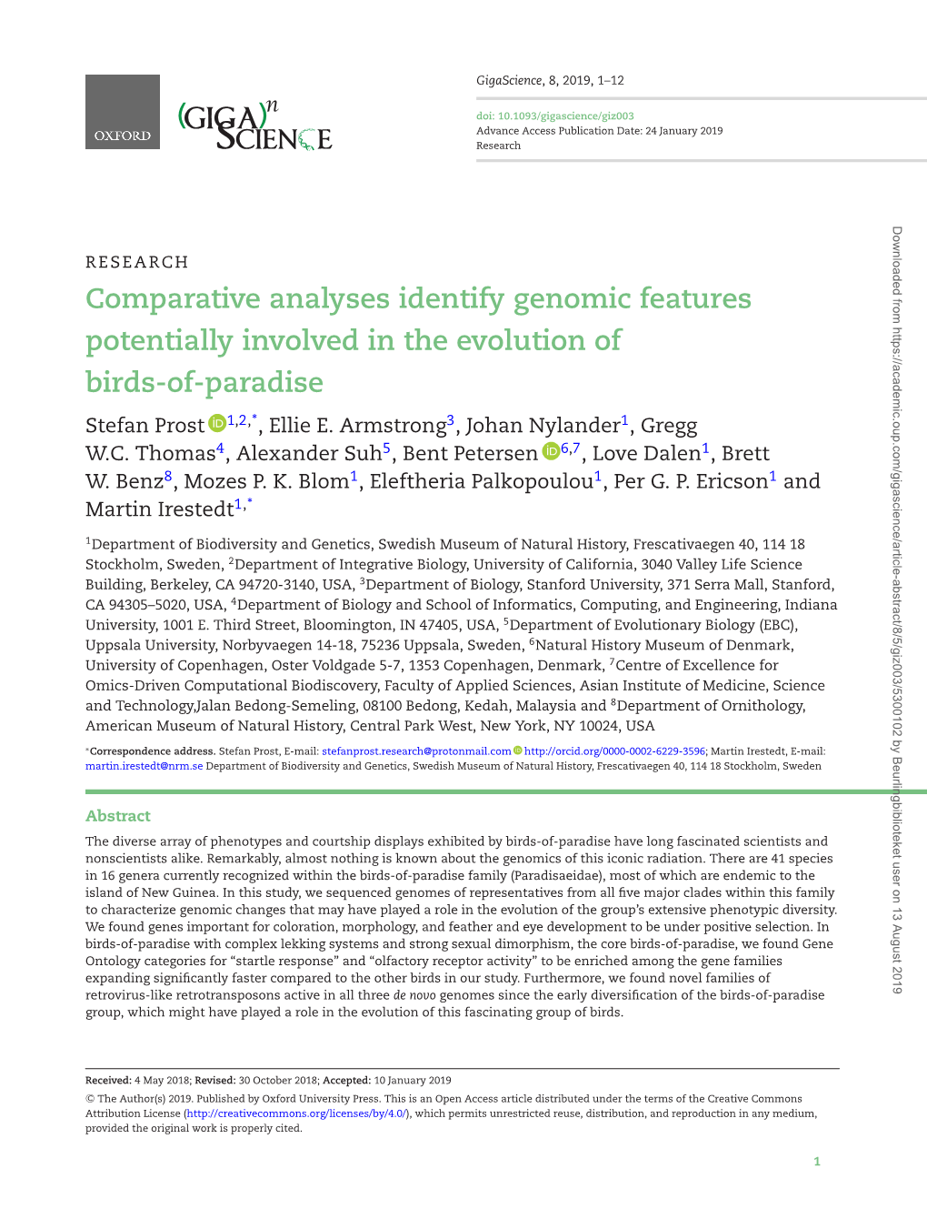 Comparative Analyses Identify Genomic Features Potentially Involved in the Evolution of Birds-Of-Paradise Stefan Prost 1,2,*, Ellie E