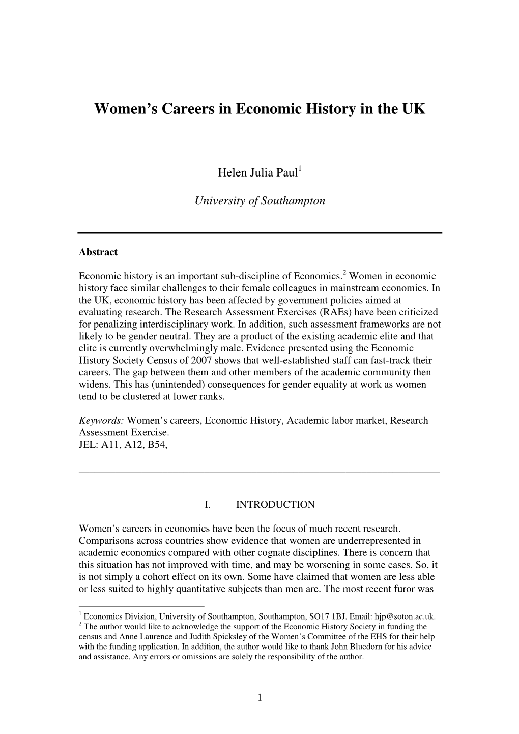 Women's Careers in Economic History in the UK