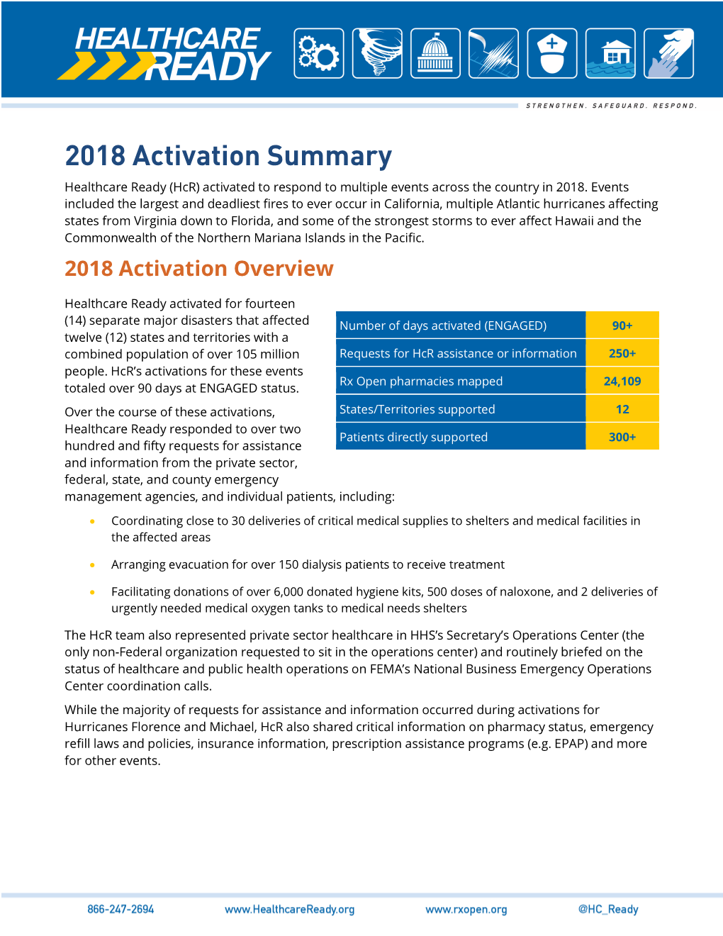 2018 Activation Summary Healthcare Ready (Hcr) Activated to Respond to Multiple Events Across the Country in 2018