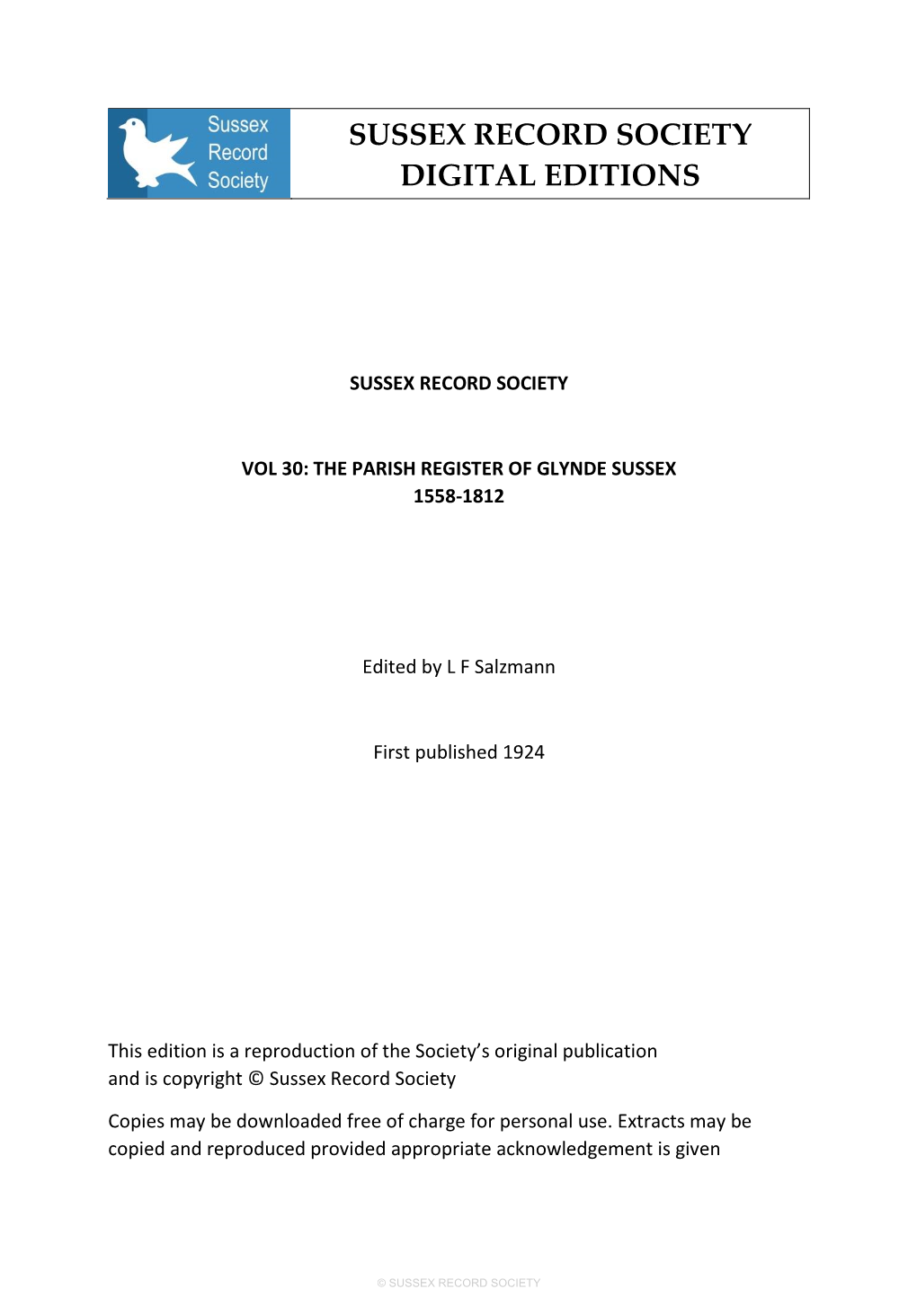 SRS Vol 30: the Parish Register of Glynde Sussex 1558-1812