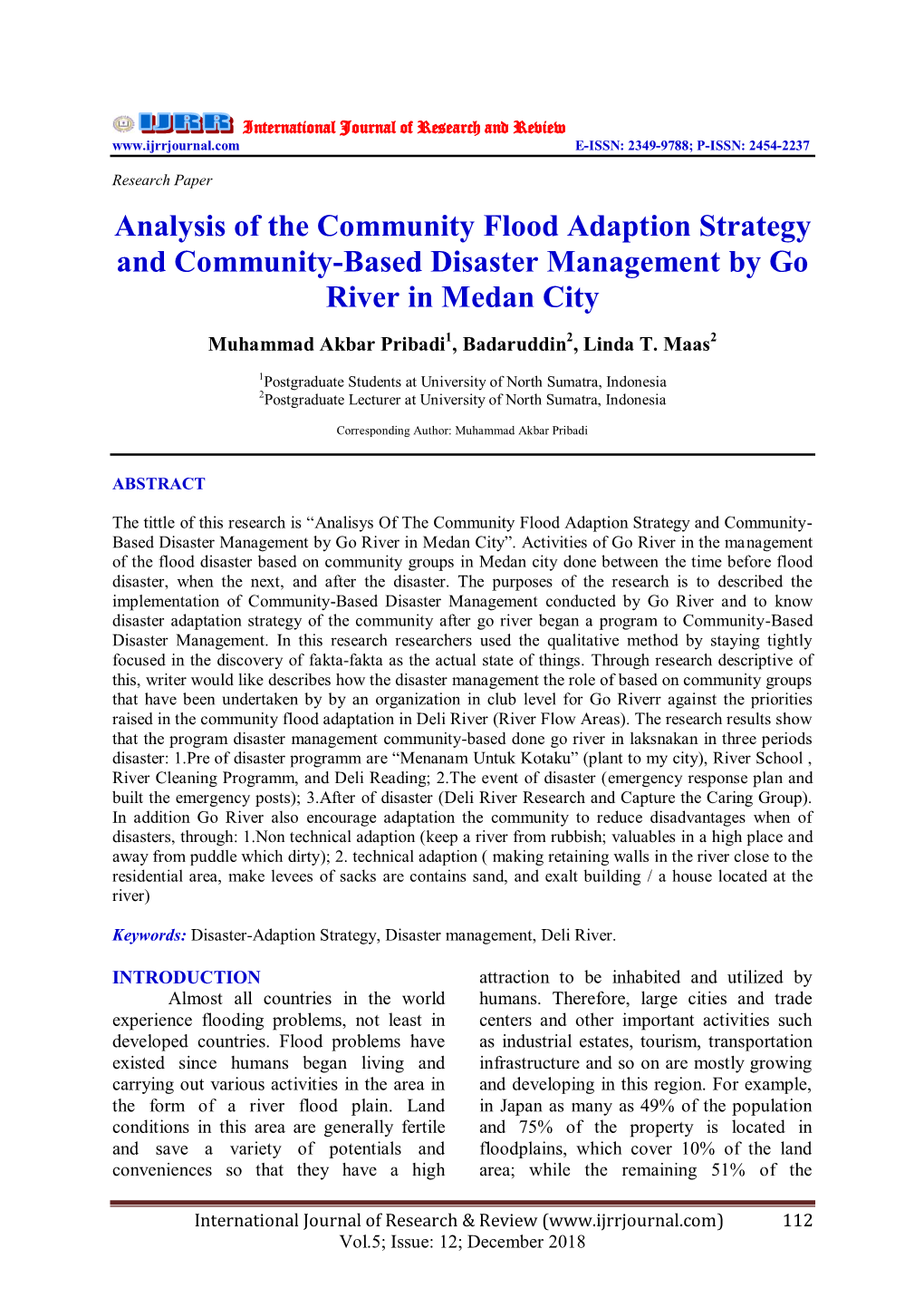 Analysis of the Community Flood Adaption Strategy and Community-Based Disaster Management by Go River in Medan City