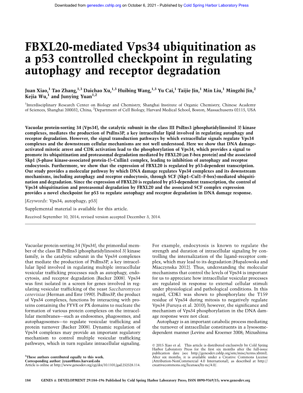 FBXL20-Mediated Vps34 Ubiquitination As a P53 Controlled Checkpoint in Regulating Autophagy and Receptor Degradation