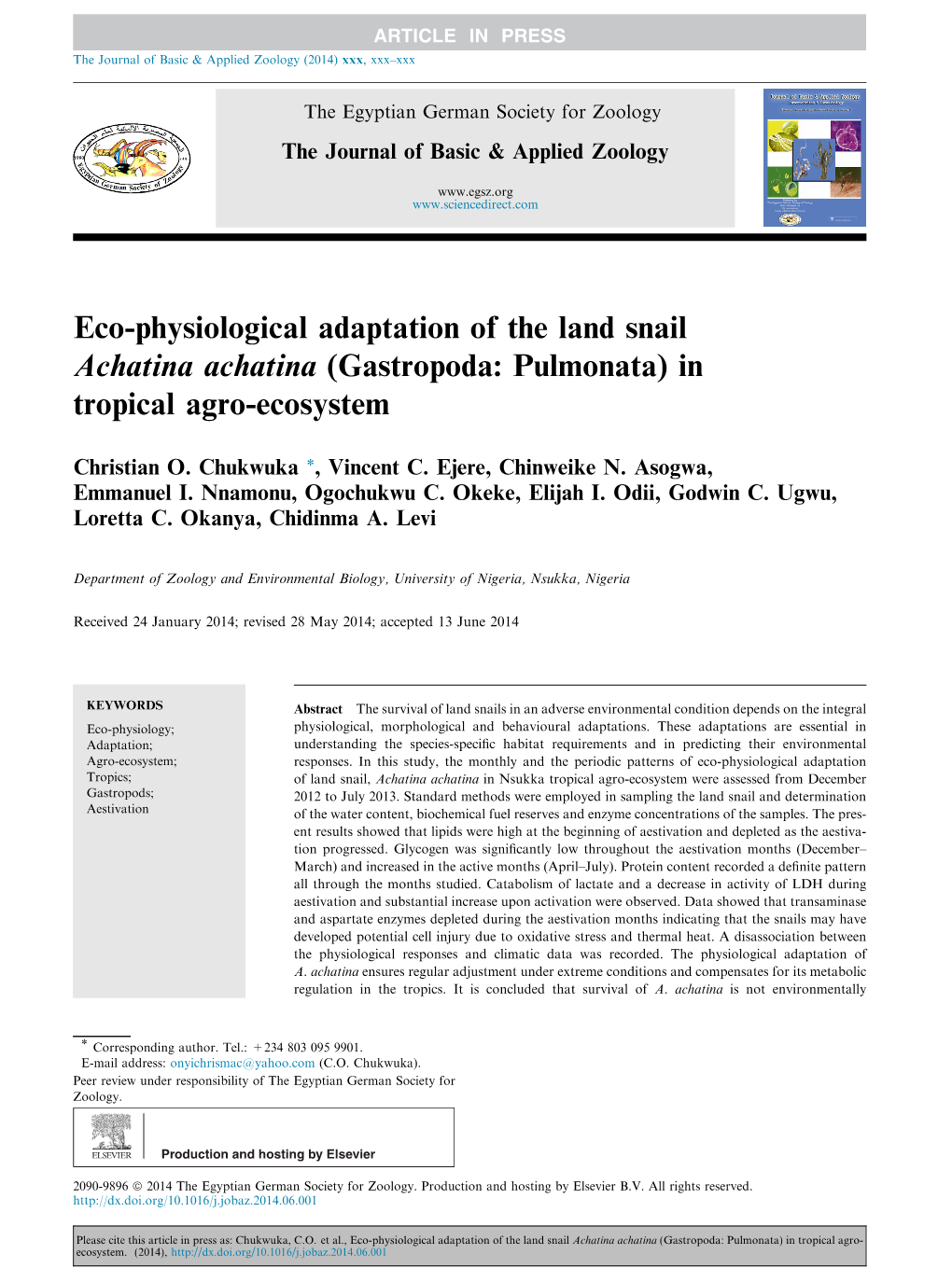 Eco-Physiological Adaptation of the Land Snail Achatina Achatina (Gastropoda: Pulmonata) in Tropical Agro-Ecosystem