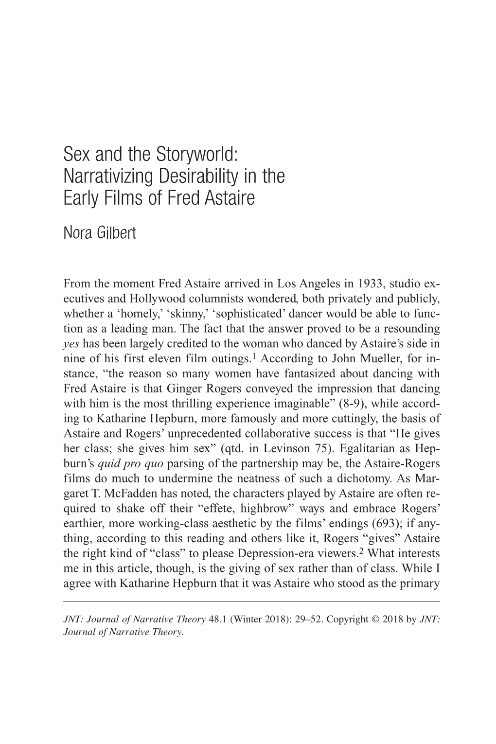 Sex and the Storyworld: Narrativizing Desirability in the Early Films of Fred Astaire Nora Gilbert