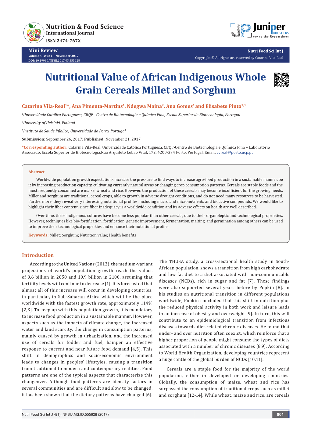 Nutritional Value of African Indigenous Whole Grain Cereals Millet and Sorghum