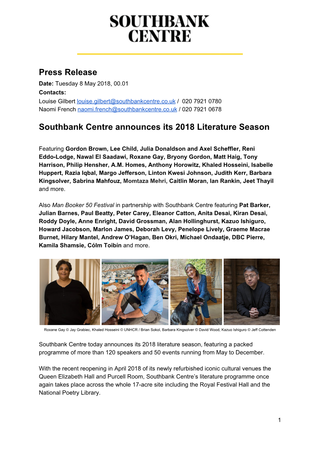 Press Release Southbank Centre Announces Its 2018 Literature Season