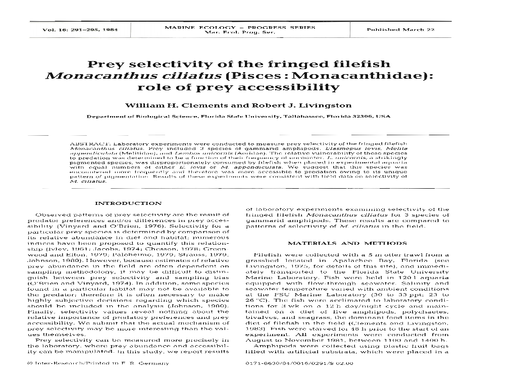 Prey Selectivity of the Fringed Filefish Monacanthus Ciliatus (Pisces : Monacanthidae): Role of Prey Accessibility