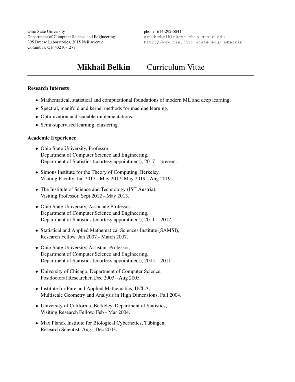 Mikhail Belkin — Curriculum Vitae