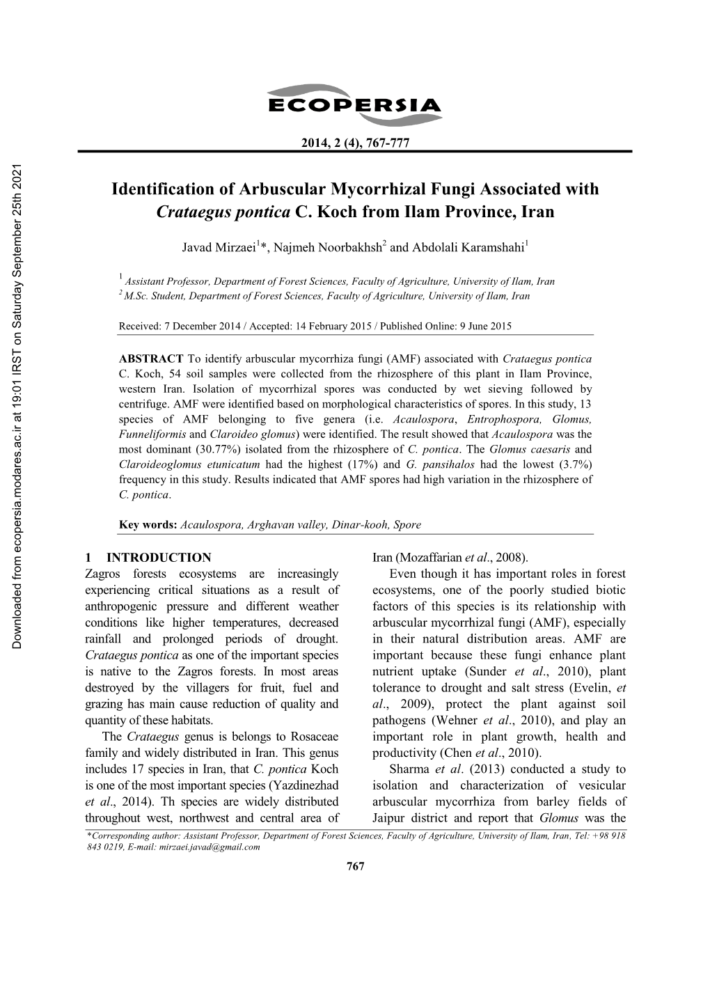 Identification of Arbuscular Mycorrhizal Fungi Associated with Crataegus Pontica C. Koch from Ilam Province, Iran