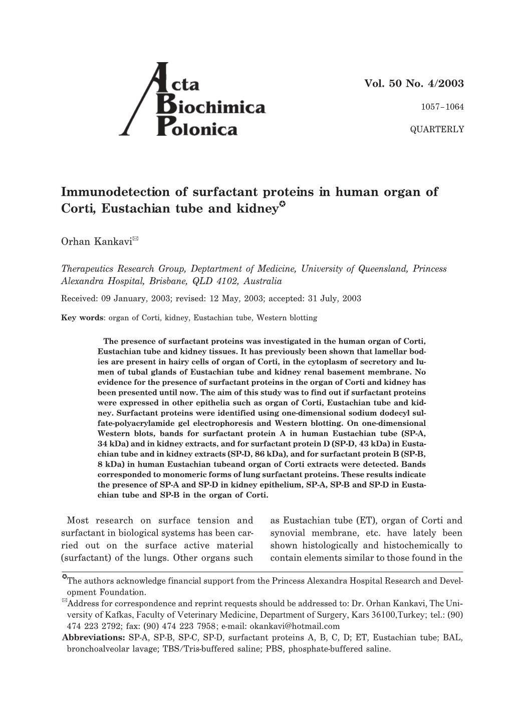 Immunodetection of Surfactant Proteins in Human Organ of Corti, Eustachian Tube and Kidney