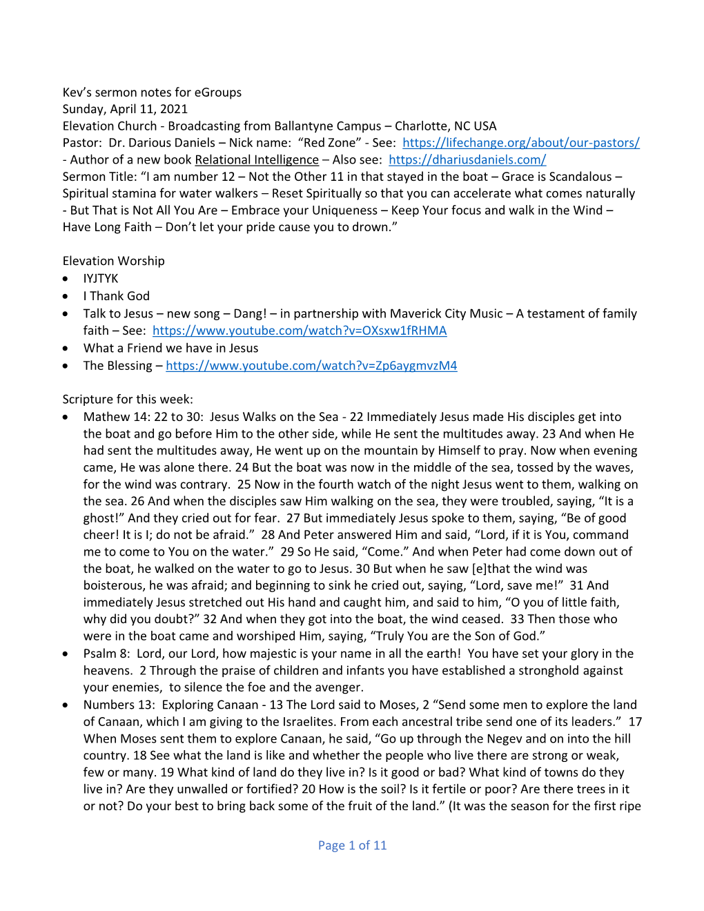Of 11 Kev's Sermon Notes for Egroups Sunday, April 11, 2021 Elevation Church