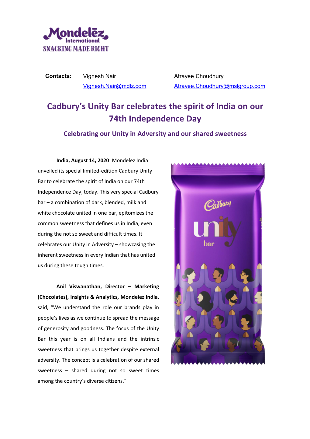 Cadbury's Unity Bar Celebrates the Spirit of India on Our 74Th