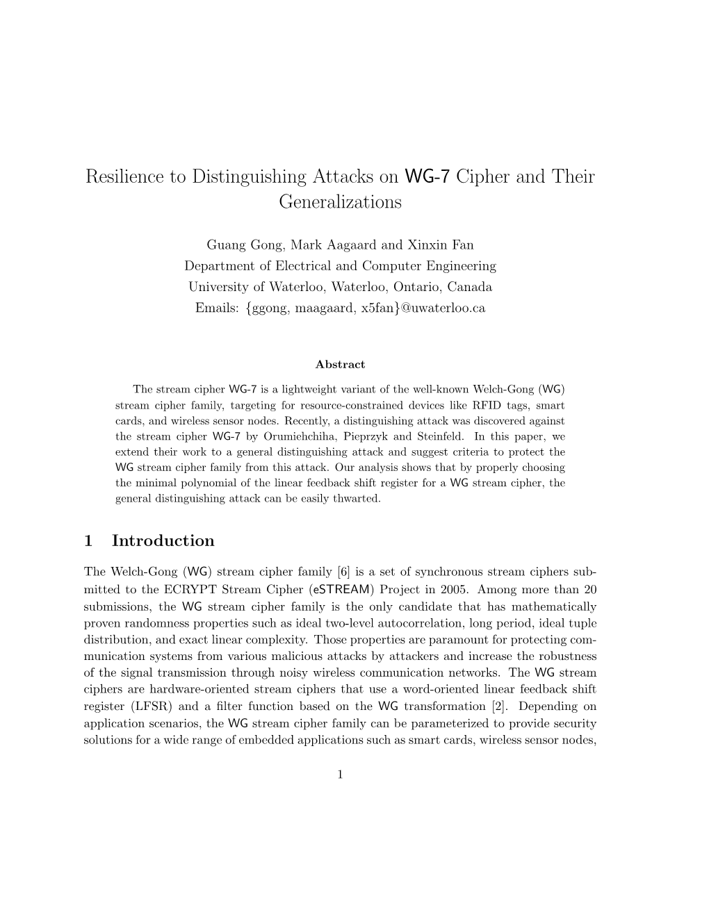 Resilience to Distinguishing Attacks on WG-7 Cipher and Their Generalizations