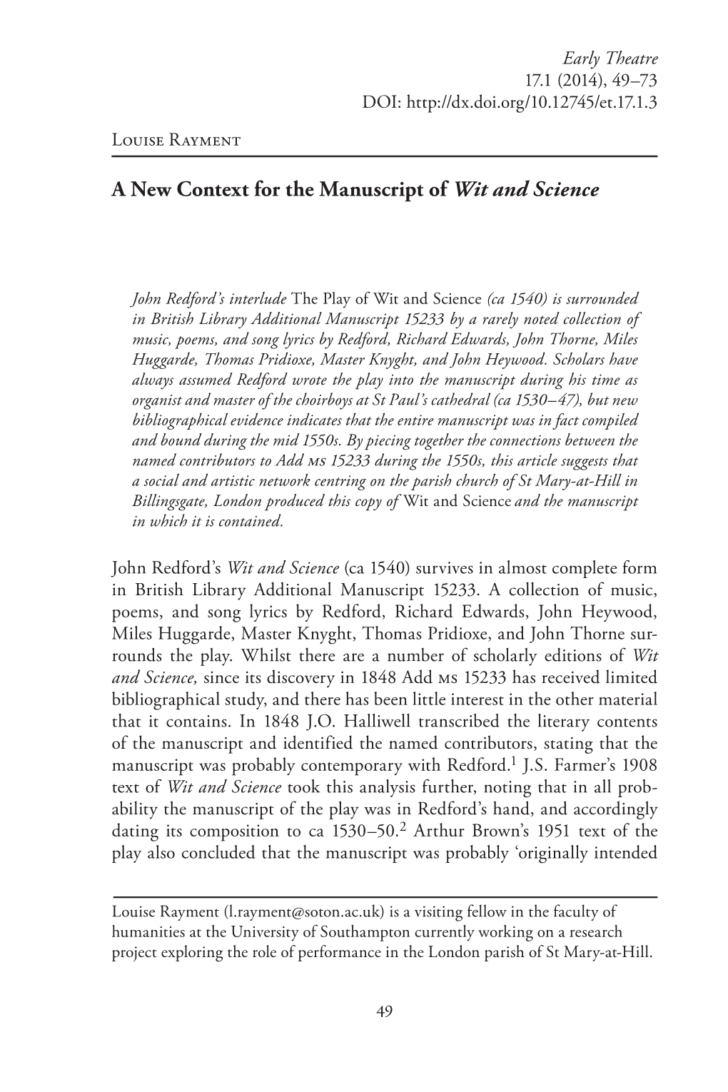 A New Context for the Manuscript of Wit and Science