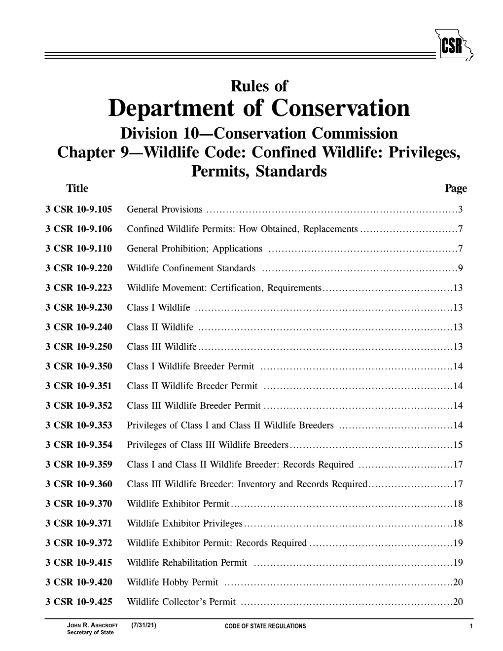 Confined Wildlife: Privileges, Permits, Standards Title Page