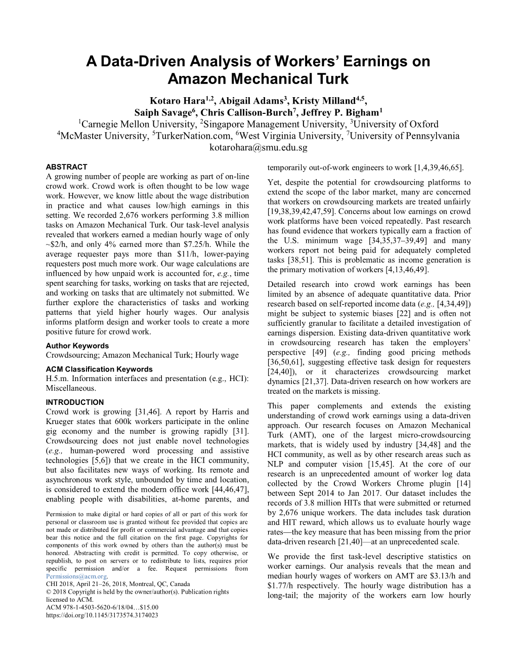 A Data-Driven Analysis of Workers' Earnings on Amazon Mechanical Turk