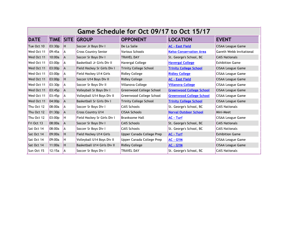 Game Schedule for Oct 09/17 to Oct 15/17 DATE TIME SITE GROUP OPPONENT LOCATION EVENT