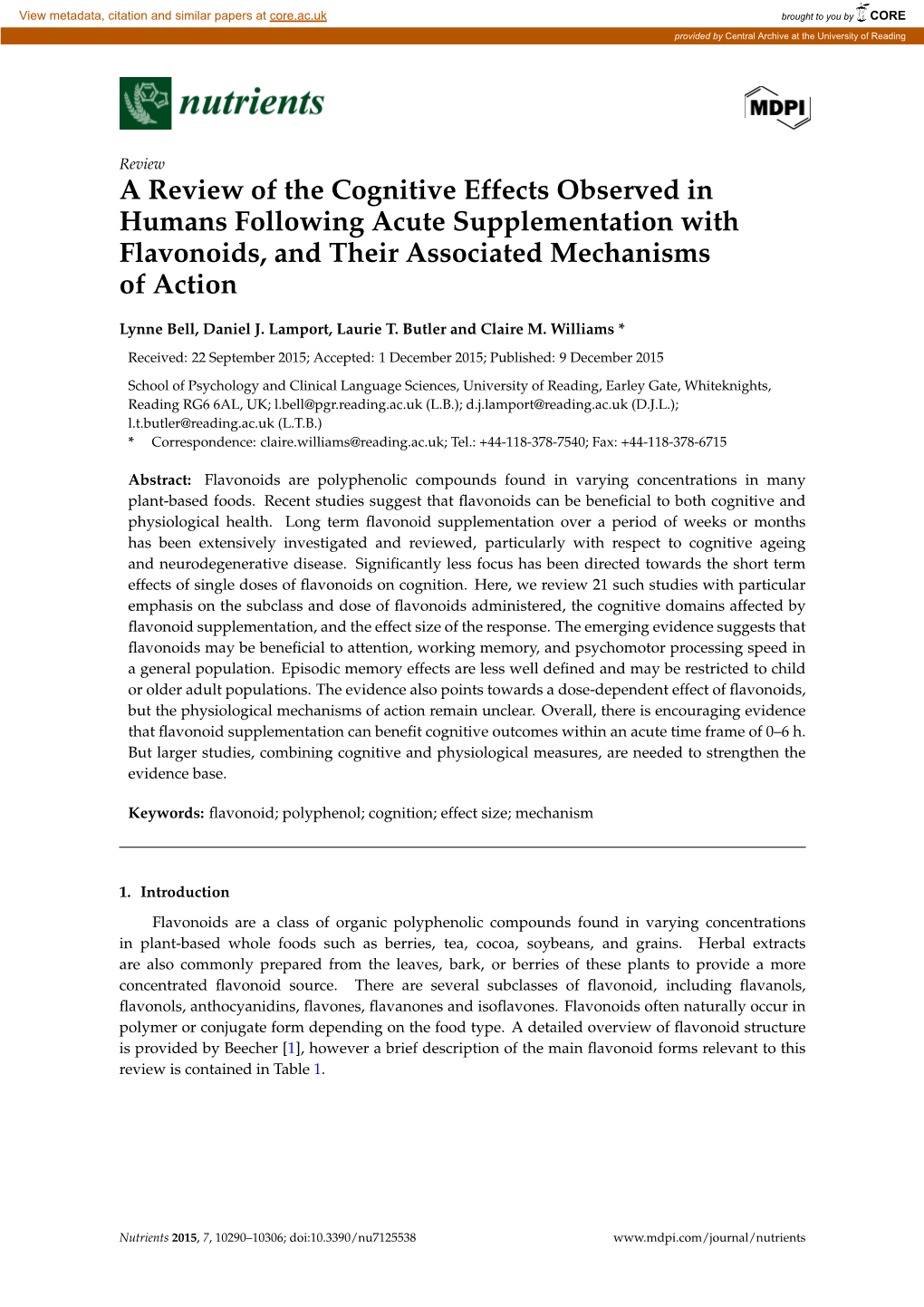 A Review of the Cognitive Effects Observed in Humans Following Acute Supplementation with Flavonoids, and Their Associated Mechanisms of Action