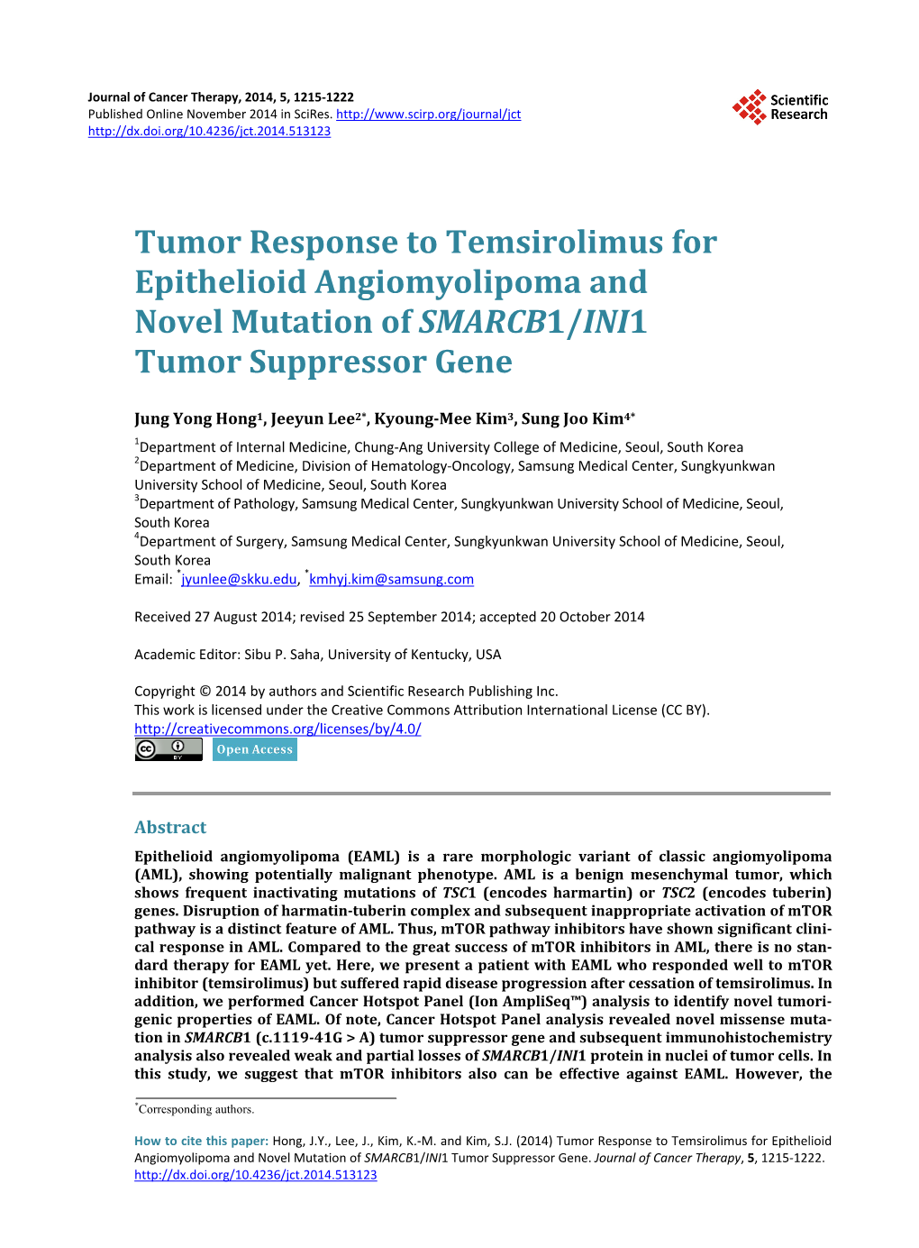 Tumor Response to Temsirolimus for Epithelioid Angiomyolipoma and Novel Mutation of SMARCB1/INI1 Tumor Suppressor Gene